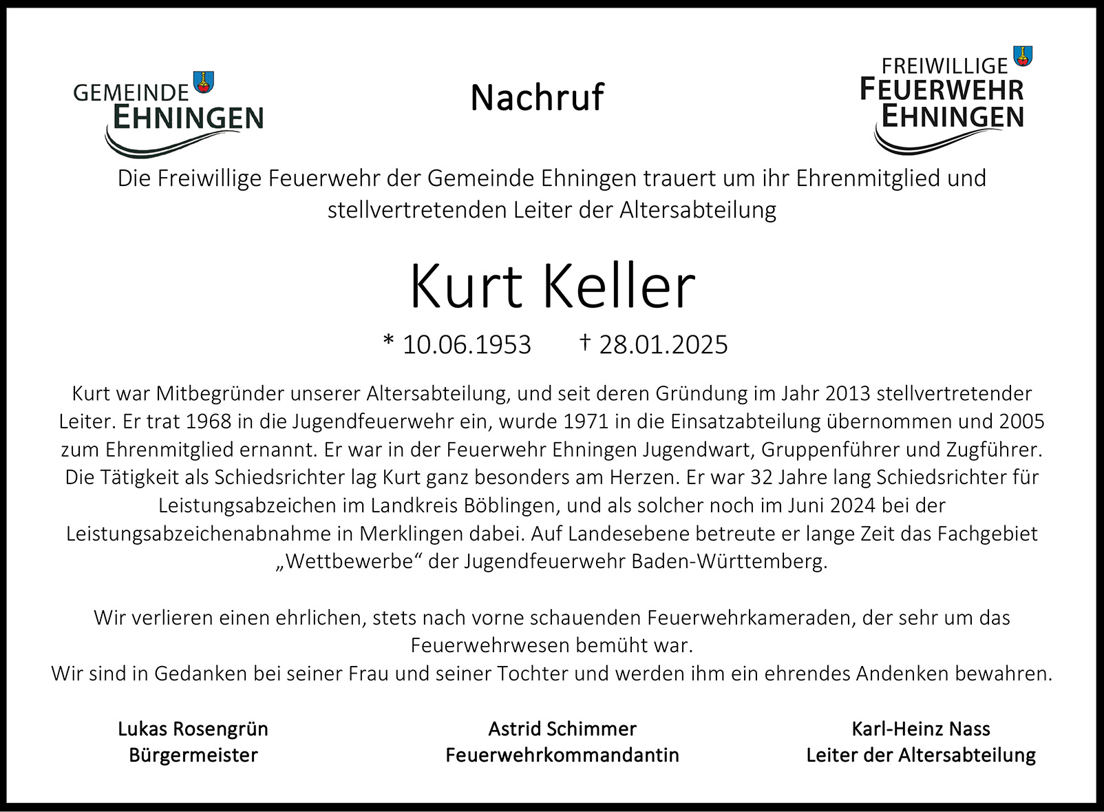 20250128 Traueranzeige Kurt Keller